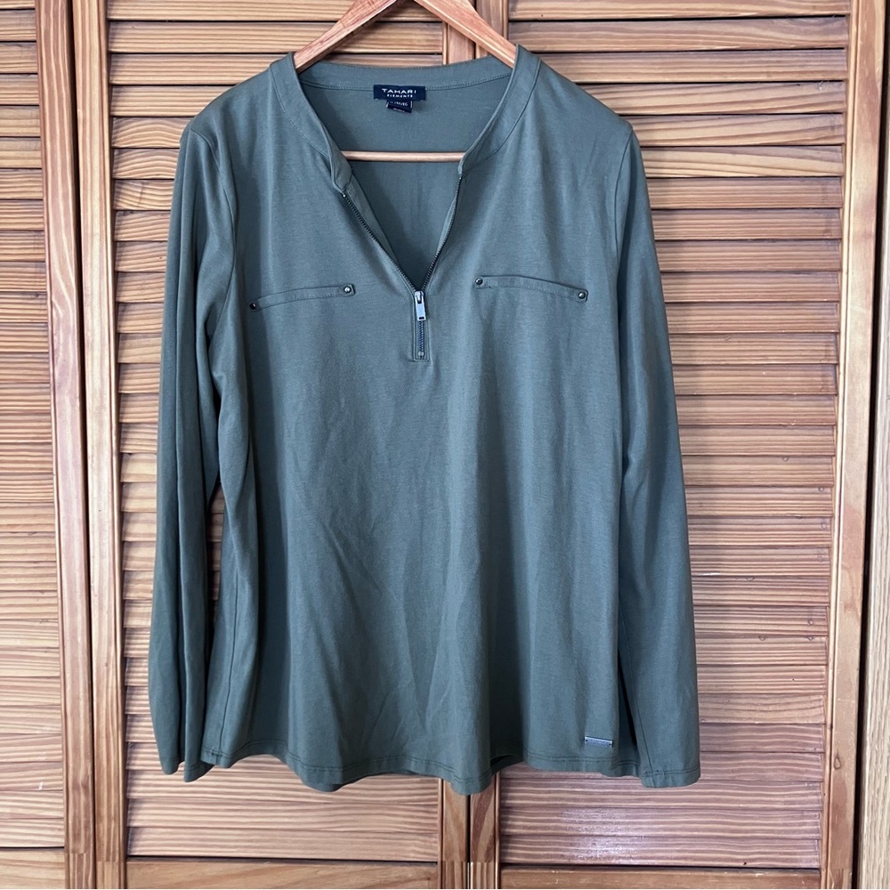 Tahari Olive Green Quarter Zip Tunic Top Roll Tab Long Sleeve Women XL